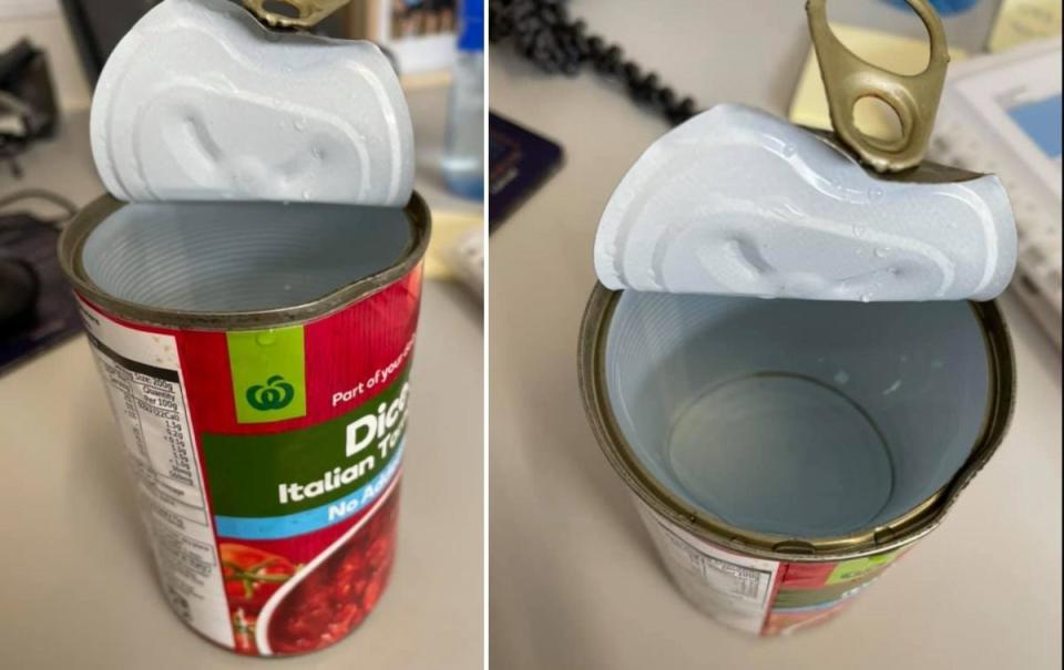 Instead of getting a tin of tomatoes, a woolies customer oddly received a tin full of water. Source: Facebook