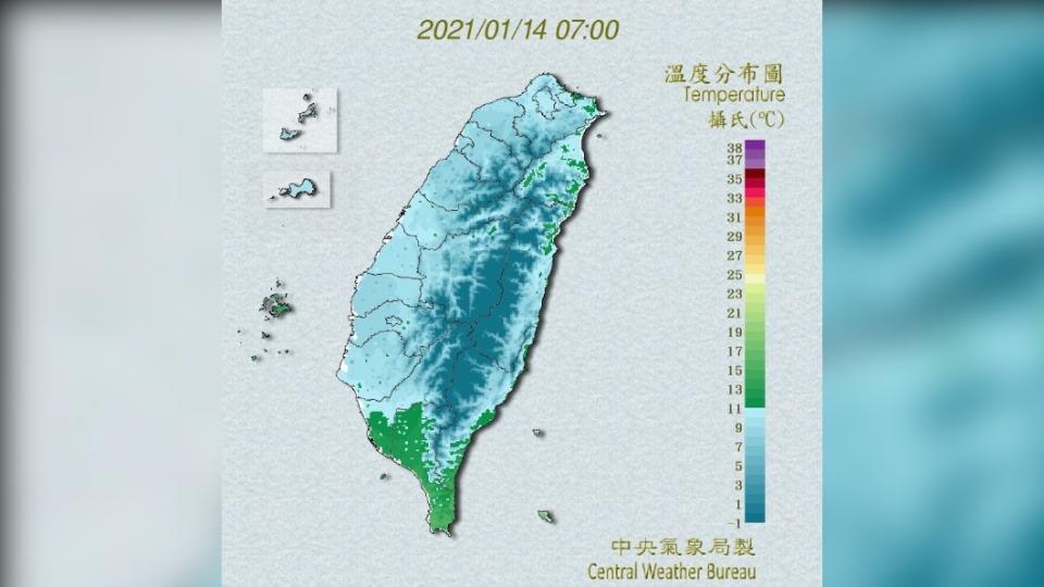 清晨最低溫出現在桃園大溪的僅3.9度。（圖／中央氣象局）