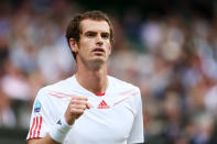 Andy Murray of Great Britain celebrates a point during his Gentlemen's Singles semifinal match against Jo-Wilfried Tsonga of France on day 11 of Wimbledon.
