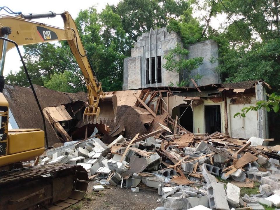 Demolition began June 8 on this 1960s cinder block front addition to the historic WJDX transmitter building.