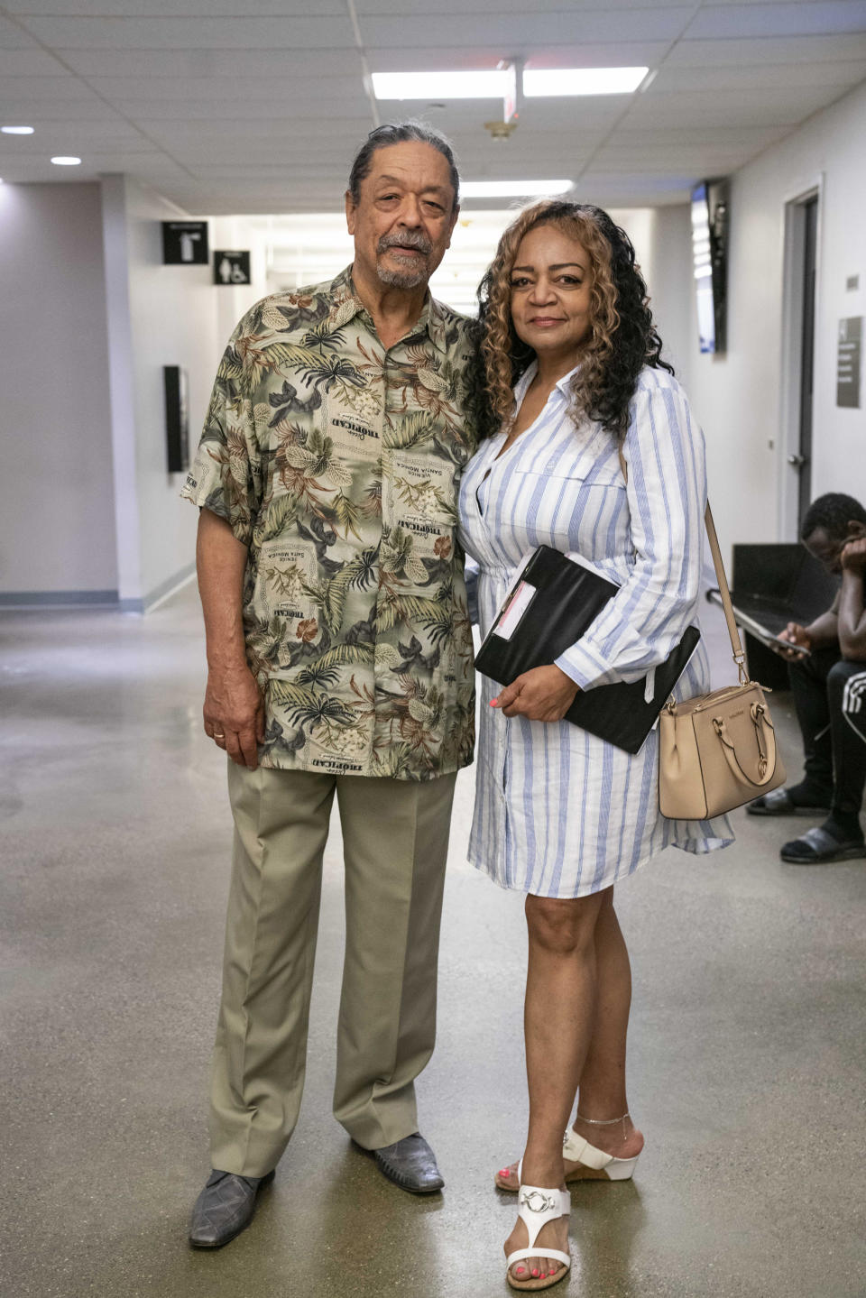Landlords Sequoia (right) and Milton Ferguson after their case was heard at housing court in the 36th District Court in Detroit on June 5, 2023. (Sarah Rice for NBC News)