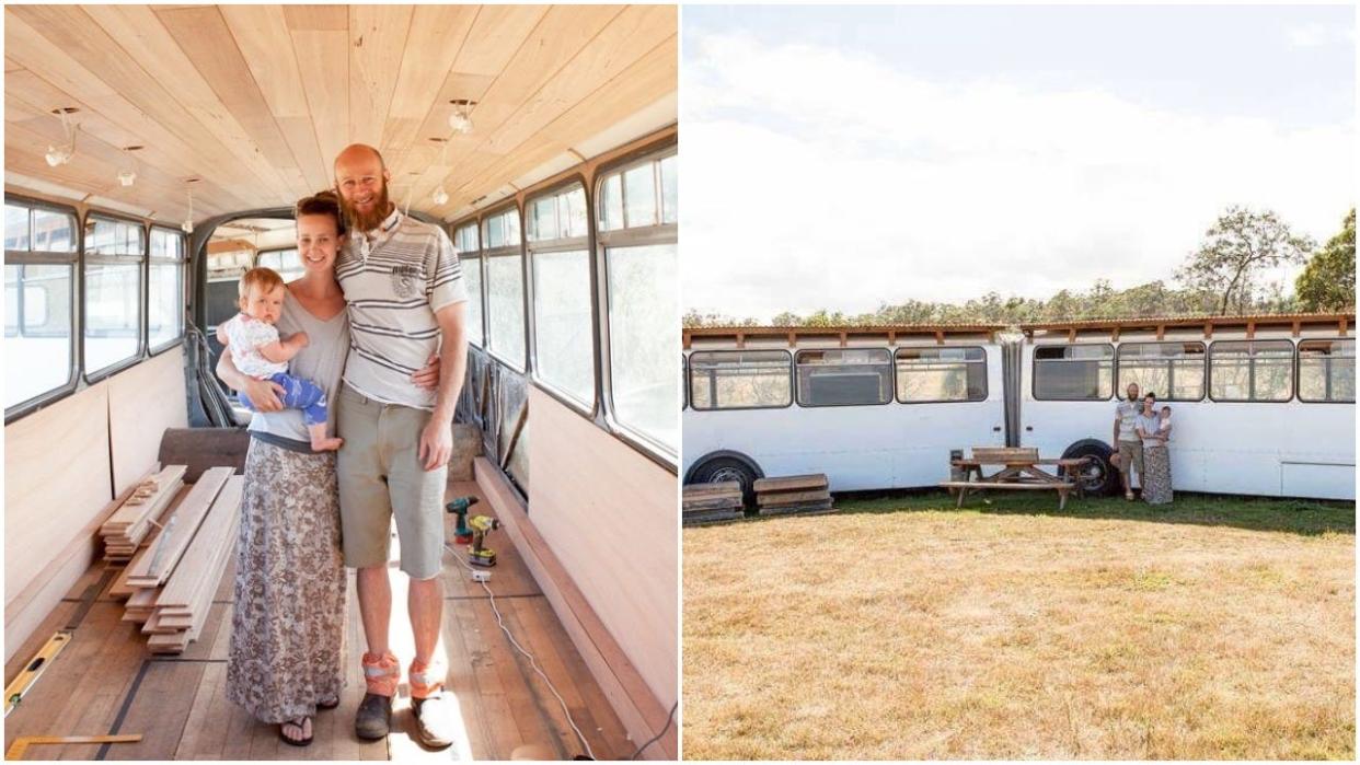 Nick and Emma Hill with their eldest child at The Bus Hideaway in Tasmania, Australia.