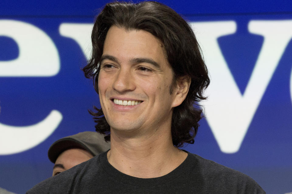 FILE - In this Jan. 16, 2018 file photo, Adam Neumann, co-founder and CEO of WeWork, attends the opening bell ceremony at Nasdaq, in New York. The Wall Street Journal, citing sources it did not identify, reported Tuesday, Oct. 22, 2019, Neumann will walk away with close to $2 billion from Japan’s SoftBank Group if he severs ties with the company. (AP Photo/Mark Lennihan, File)