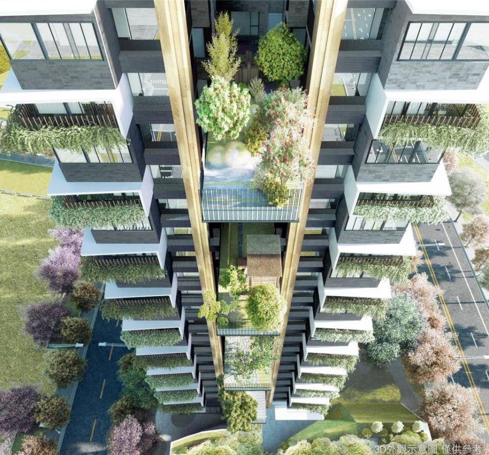 「THE精銳」將建築與綠意結合為一棟複合式的立體藝術品，大氣度規劃七座複層露臺，錯落於建築的不同樓層、不同方位！圖／精銳提供
