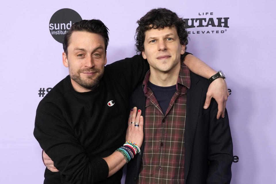 Kieran Culkin, left, and Jesse Eisenberg attend the premiere of "A Real Pain" at the Eccles Theatre during the Sundance Film Festival on Saturday, Jan. 20, 2024, in Park City, Utah. (Photo by Charles Sykes/Invision/AP)