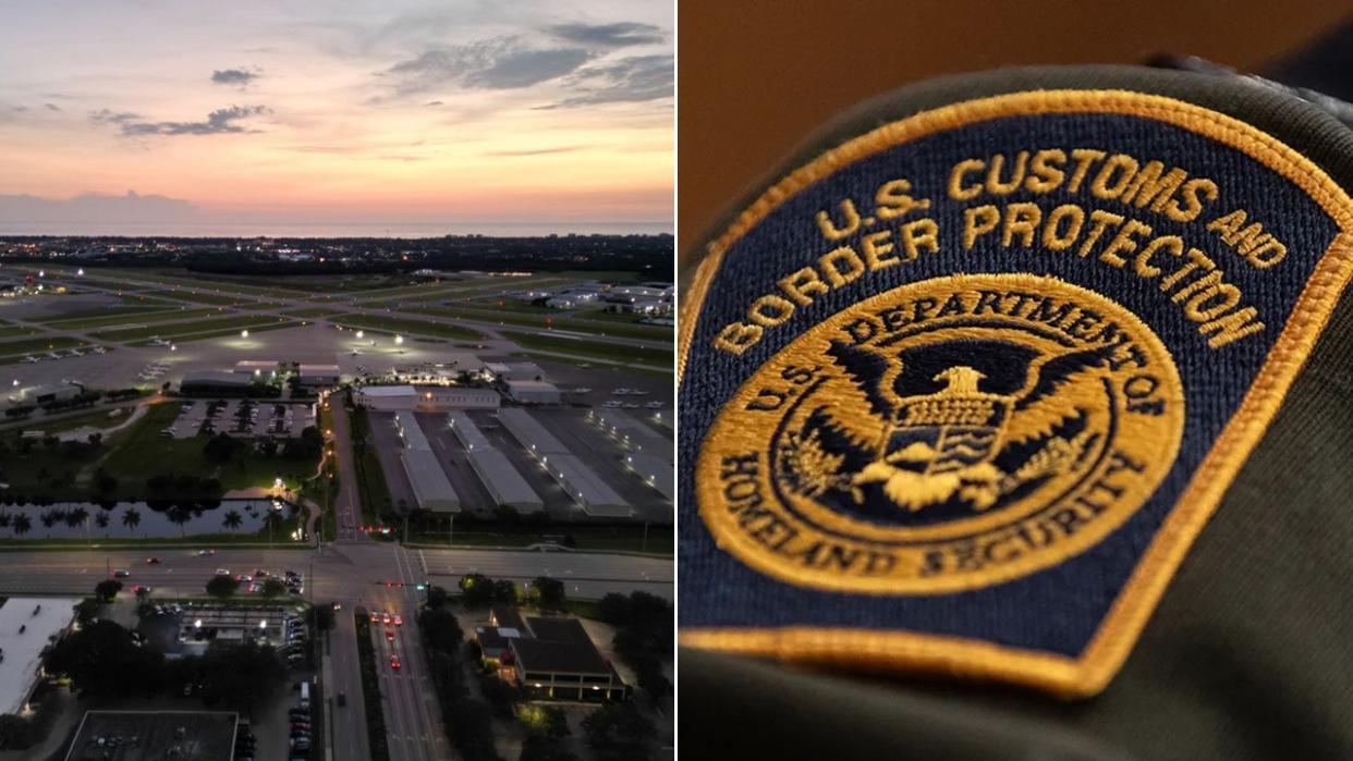 A CBP patch and Naples Airport at night