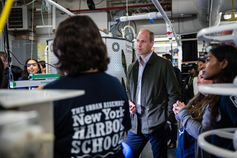 Britain's Prince William, Prince of Wales, speaks with students from the Urban Assembly New York Harbor School regarding the nonprofit organization Billion Oyster Project.