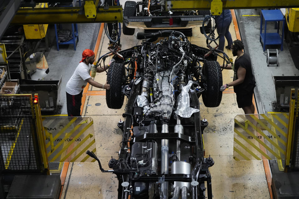 FILE - The 2024 Ford F-150 truck is assembled at the Dearborn Truck Plant, April 11, 2024, in Dearborn, Mich. Donald Trump and President Biden agree on essentially nothing, from taxes and climate change to immigration and regulation. Yet on trade policy, the two presumptive presidential nominees have embraced surprisingly similar approaches. (AP Photo/Carlos Osorio, File)