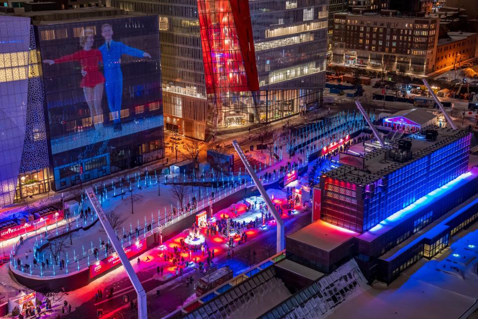 During Montreal's winter festival, Montréal en Lumière, the city shines in mulit-color lights and hosts hundreds of activities. Pictured during the 2022 event is a one thousand feet long, elevated ice skating rink.