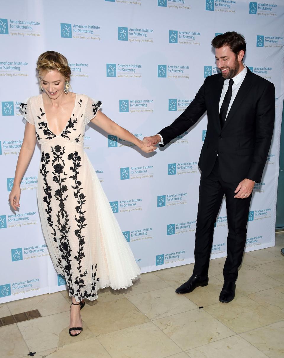 The actress looked a little bashful as she smiled while holding hands with husband John Krasinski at the 12th Annual AIS Freeing Voices Changing Lives Gala in New York in June 2018.