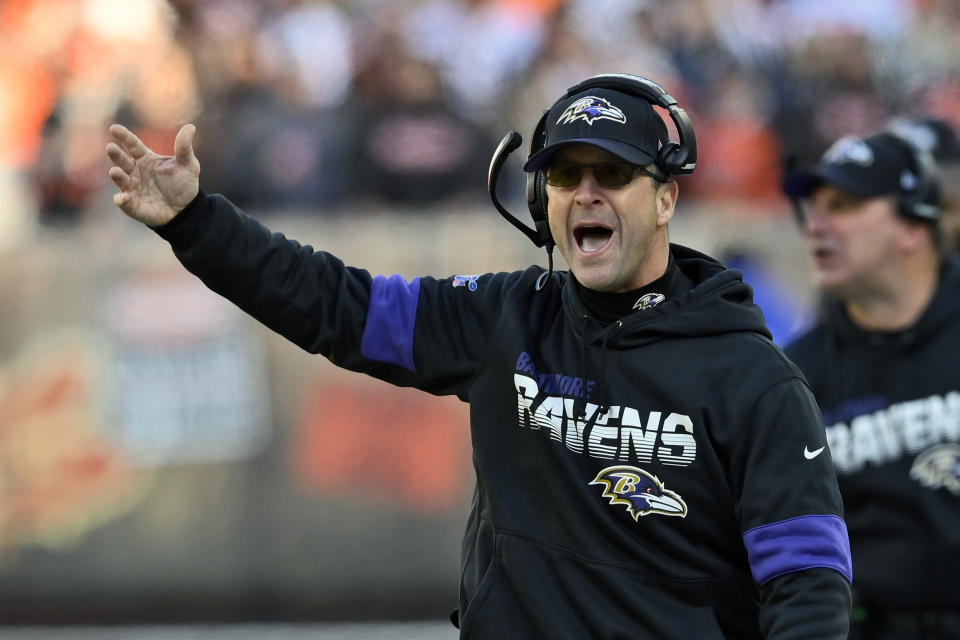 Baltimore Ravens head coach John Harbaugh reacts during the first half of an NFL football game against the Cleveland Browns, Sunday, Dec. 22, 2019, in Cleveland. (AP Photo/David Richard)