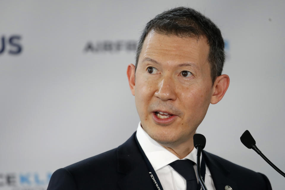 FILE - CEO of Air France-KLM Benjamin Smith speaks during a press conference at Roissy airport, north of Paris, Tuesday, May 18, 2021. The chief of airline alliance Air France-KLM said Thursday June 23, 2022 that it will take weeks or months to get new security staff in place to lighten pressure on the Amsterdam airport, which has seen flight cancellations, huge delays and big travel headaches as global air travel rebounds. (AP Photo/Christophe Ena, File)