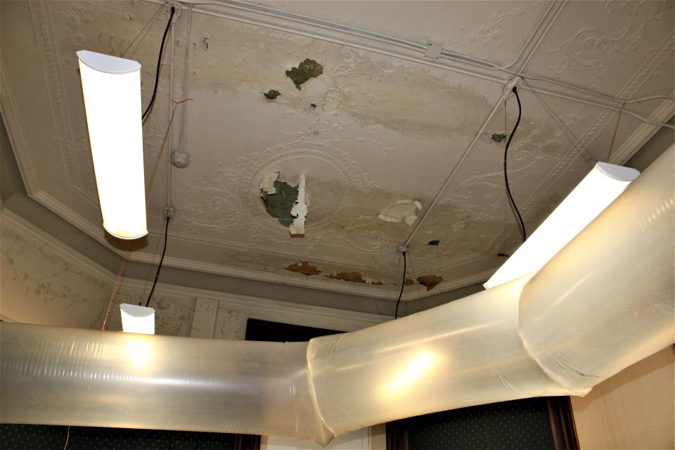 Damage from flooding that occurred last week at the Marion County Courthouse can be seen on the ceiling in a storage room located in the Marion County Clerk of Courts office. The tubing in the lower part of the photograph is part of the drying system and dehumidifiers that are being used as clean-up efforts continue at the courthouse.