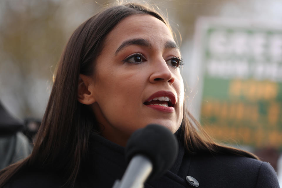 WASHINGTON, DC - NOVEMBER 14: Rep. Alexandria Ocasio-Cortez (D-NY) speaks during a news conference to introduce legislation to transform public housing as part of her Green New Deal outside the U.S. Capitol November 14, 2019 in Washington, DC. The liberal legislators invited affordable housing advocates and climate change activists to join them for the announcement.  (Photo by Chip Somodevilla/Getty Images)