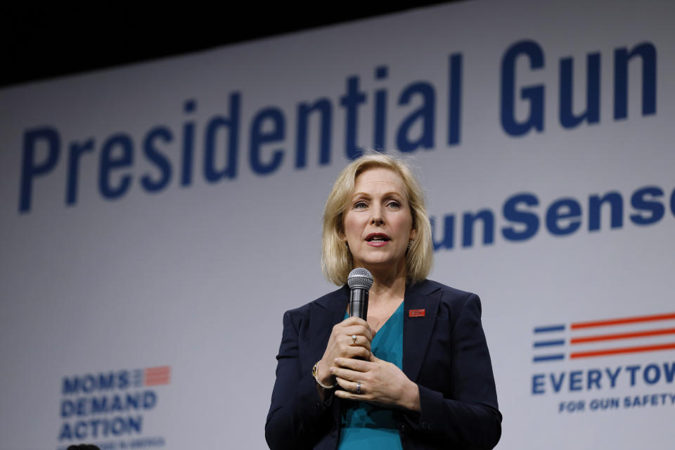 Democratic presidential candidate Sen. Kirsten Gillibrand speaks at the Presidential Gun Sense Forum, Saturday, Aug. 10, 2019, in Des Moines, Iowa. (AP Photo/Charlie Neibergall)