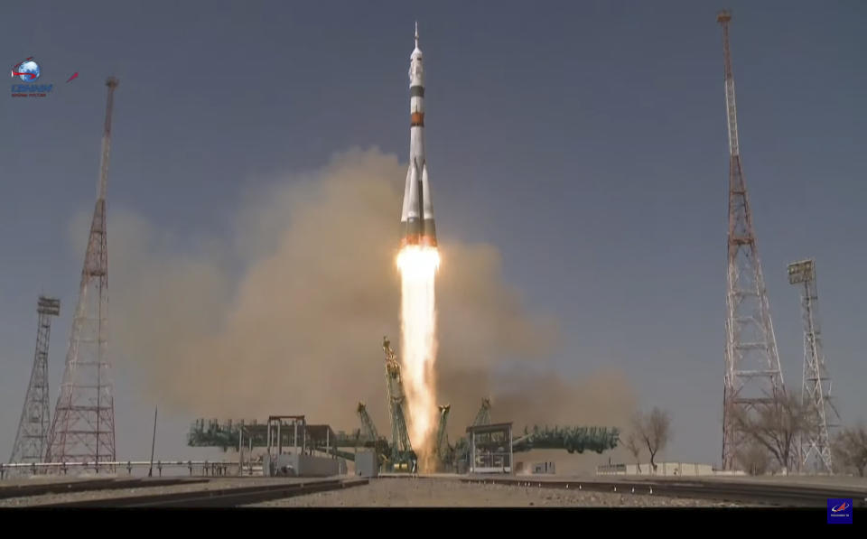 In this photo taken from video footage released by the Roscosmos Space Agency, the Soyuz-2.1a rocket booster with Soyuz MS-18 space ship carrying a new crew to the International Space Station, ISS, blasts off at the Russian leased Baikonur cosmodrome, Kazakhstan, Friday, April 9, 2021. A Russian-U.S. trio of space travelers have launched successfully, heading for the International Space Station. NASA astronaut Mark Vande Hei and Russian cosmonauts Oleg Novitskiy and Pyotr Dubrov blasted off as scheduled at 12:42 p.m. (0742 GMT, 3:42 a.m. EDT) Friday aboard the Soyuz MS-18 spacecraft from the Russia-leased Baikonur launch facility in Kazakhstan. (Roscosmos Space Agency via AP)