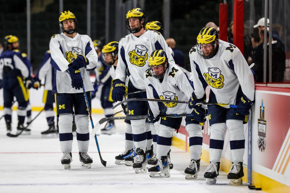 Michigan hockey players practice as the Wolverines prepare for the semifinal game against Boston College at Xcel Energy Center in St. Paul, Minn. on Wednesday, April 10, 2024.