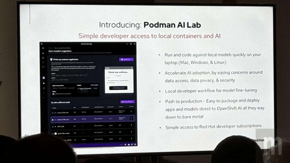 ▲透過Podman AI Lab工具簡化開發者將主要開源工具與人工智慧模型帶到地端開發環境門檻