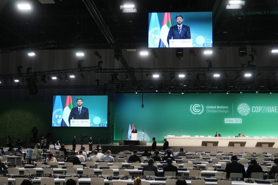 Ruslan Edelgeriev, Russia special presidential representative on climate issues, speaks during a plenary session at the COP28 U.N. Climate Summit, Saturday, Dec. 9, 2023, in Dubai, United Arab Emirates. (AP Photo/Kamran Jebreili)
