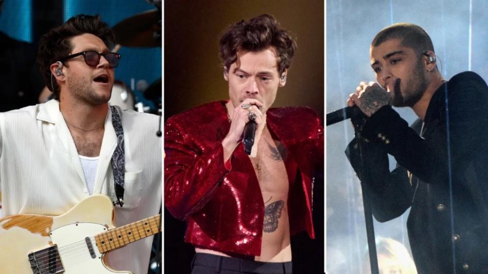 From left to right: Niall Horan, Harry Styles and Zayn Malik formerly of One Direction performing in respective solo concerts (Getty Images)