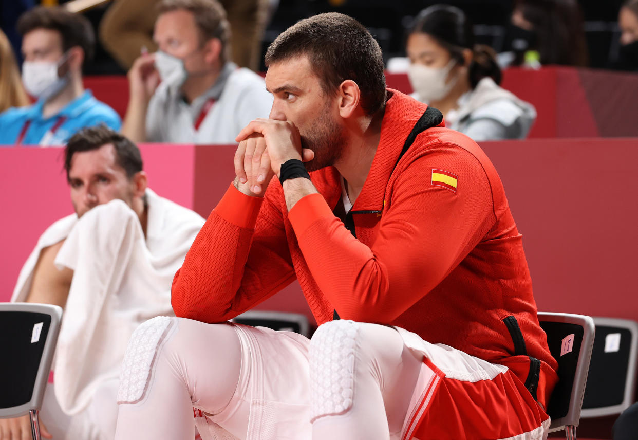 SAITAMA, JAPAN - AUGUST 03: Marc Gasol #13 of Team Spain looks on in disappointment following Spain's loss to the United States in a Men's Basketball Quarterfinal game on day eleven of the Tokyo 2020 Olympic Games at Saitama Super Arena on August 03, 2021 in Saitama, Japan. (Photo by Gregory Shamus/Getty Images)