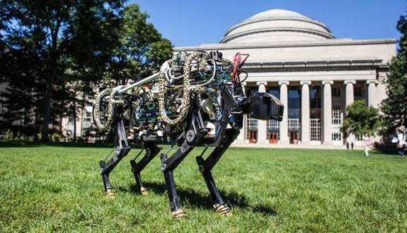 The robot cheetah can navigate uneven terrain and can jump over a foot in the air to avoid obstacles.