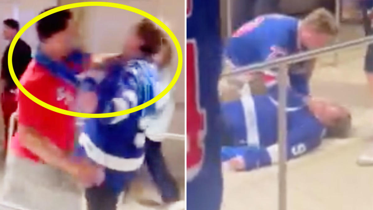 Hockey fan obliterated in viral two-on-one arena brawl after challenging  man to fight - Dexerto