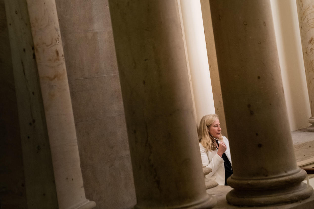 WASHINGTON, DC - DECEMBER 08: Rep. Abigail Spanberger (D-VA) takes a video call outside the office of House Speaker Nancy Pelosi (D-CA) in the U.S. Capitol Building on Thursday, Dec. 8, 2022 in Washington, DC. (Kent Nishimura / Los Angeles Times via Getty Images)