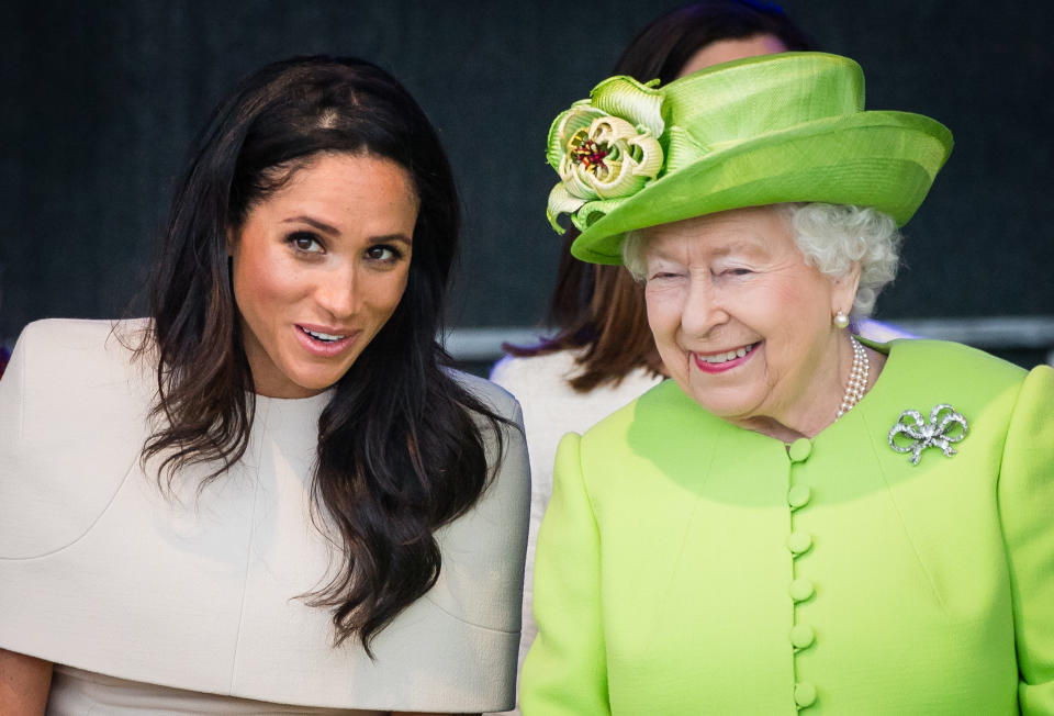 WIDNESS, ENGLAND - JUNE 14:  Meghan, Duchess of Sussex and Queen Elizabeth II open the new Mersey Gateway Bridge on June 14, 2018 in Widness, England.  (Photo by Samir Hussein/Samir Hussein/WireImage)