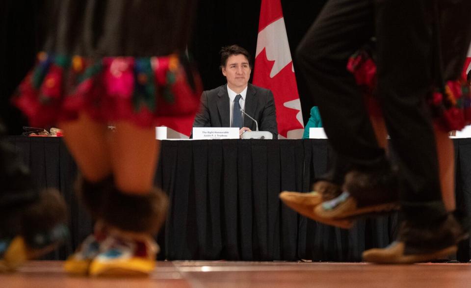 Prime Minister Justin Trudeau watches dancers perform at meetings with the Self Governing Indigenous Governments on May 2, 2024 in Gatineau, Que.