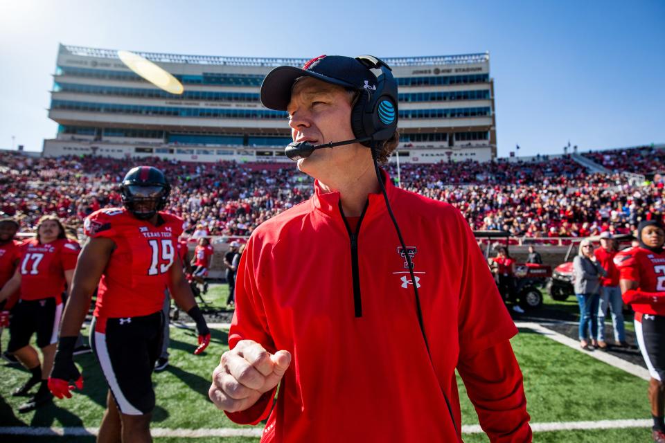 Interim head coach Sonny Cumbie of the Texas Tech Red Raiders stands on the sideline before the college football game against the Iowa State Cyclones at Jones AT&T Stadium on November 13, 2021 in Lubbock, Texas. (Photo by John E. Moore III/Getty Images)