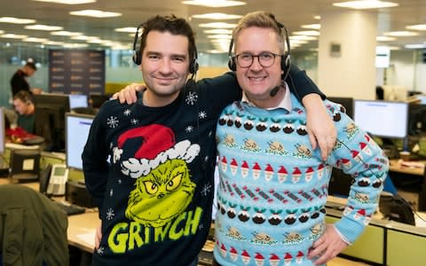 Telegraph writers Michael Deacon and Christopher Hope at our charity phone-in day - Credit: Geoff Pugh