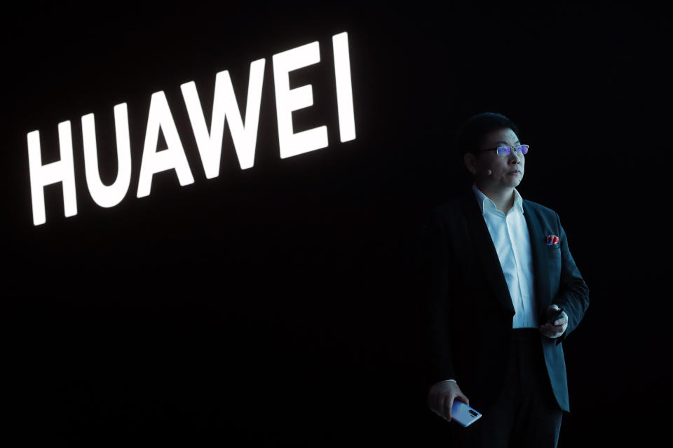 FILE - In this March 26, 2019, file photo, Huawei CEO Richard Yu stands during the presentation of the new Huawei P30 smartphone, in Paris. Chinese tech giant Huawei said Monday, April 22, 2019, its revenue rose 39 percent over a year earlier in the latest quarter despite U.S. pressure on allies to shun its telecom and network technology as a security risk. (AP Photo/Thibault Camus, File)