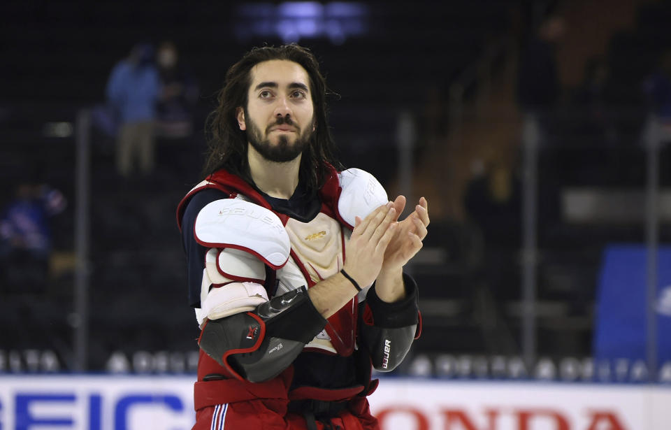 New York Rangers' Mika Zibanejad leaves the ice following the NHL hockey team's last home game of the season, against the Washington Capitals on Wednesday, May 5, 2021, in New York. (Bruce Bennett/Pool Photo via AP)