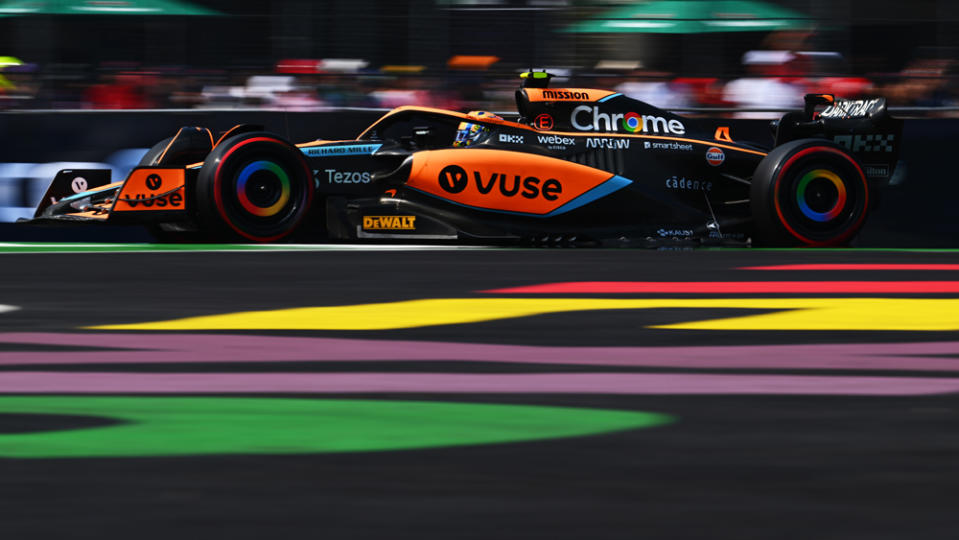 Formula 1 racer Lando Norris qualifying for the 2022 Mexico City Grand Prix.