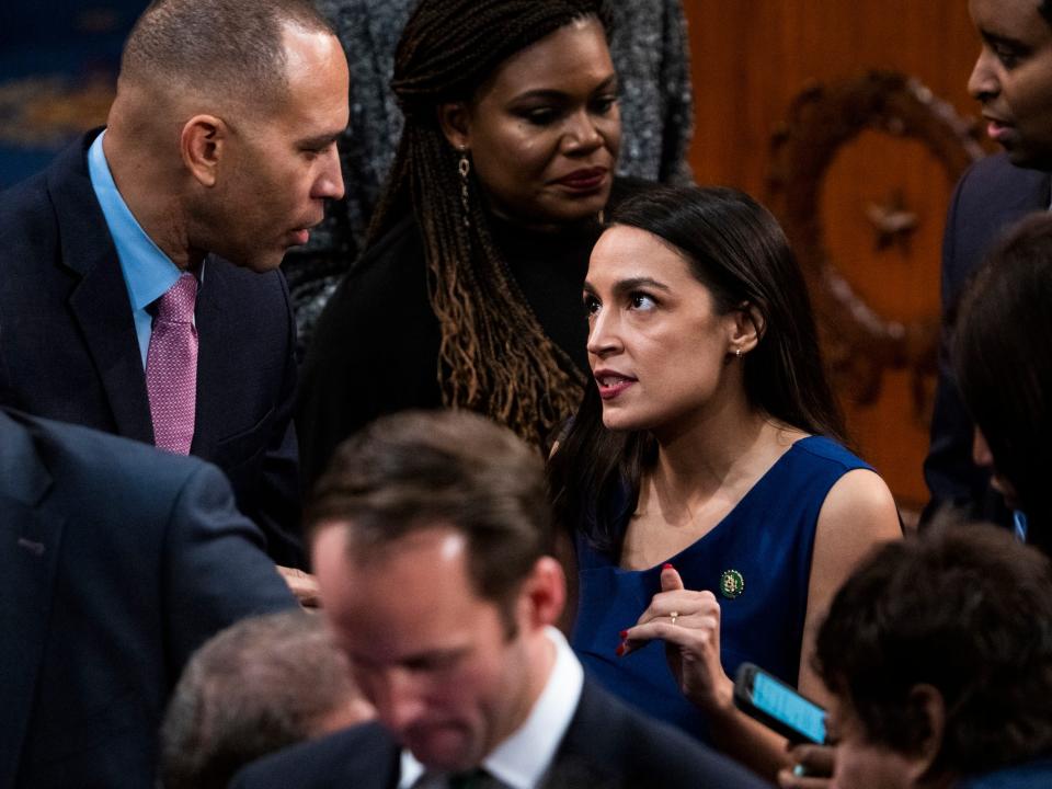 Jeffries and Ocasio-Cortez speaking on the House floor on January 3, 2023.
