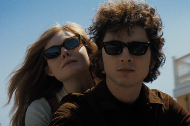 Timothée Chalamet stars as Bob Dylan and Elle Fanning plays Sylvie Russo in 'A Complete Unknown,' due Dec. 25 - Credit: Macall Polay/Searchlight Pictures