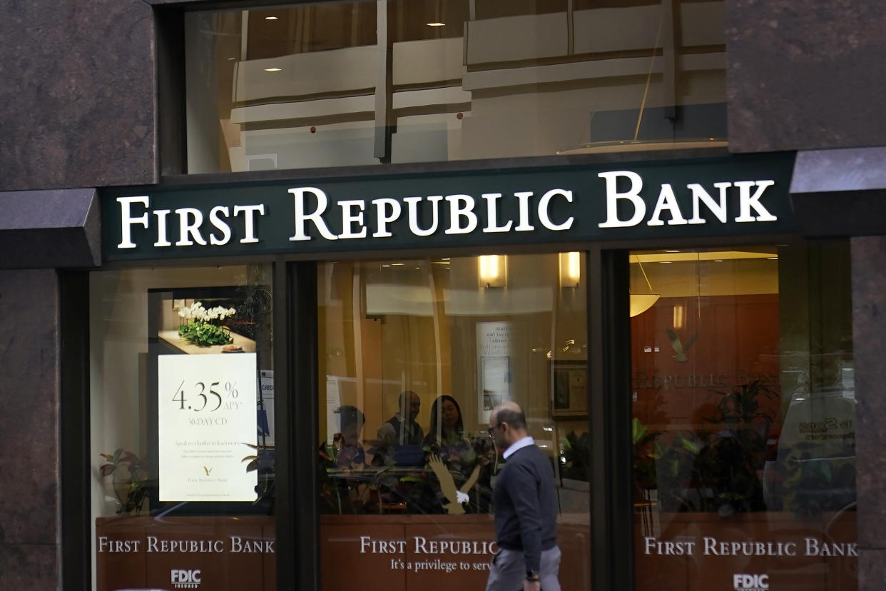 A man walks past a First Republic Bank in San Francisco on April 26, 2023. (Jeff Chiu/AP)