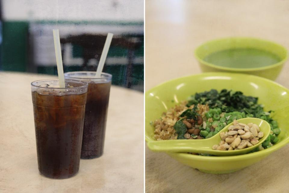 Cool off with iced 'liong cha' (herbal tea) before tucking into your 'lei cha'.