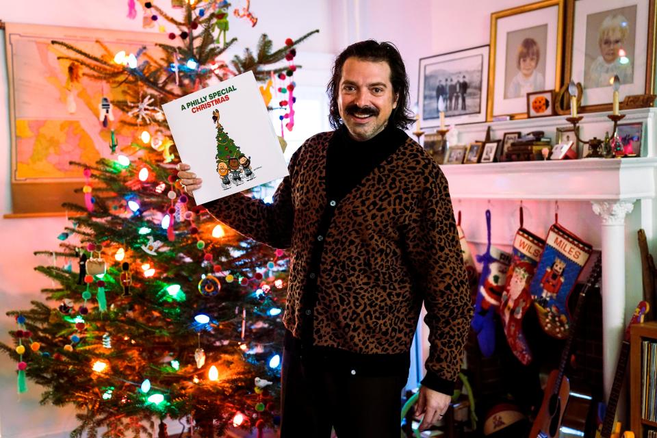 War on Drugs drummer Charlie Hall poses in Philadelphia, Wednesday, Dec. 7, 2022. Hall teamed up with several members of the Philadelphia Eagles football team and other musicians to record the seven-song LP "A Philly Special Christmas." Proceeds from this record will benefit Children's Crisis Treatment Center and other charities in Philadelphia. (AP Photo/Matt Rourke)