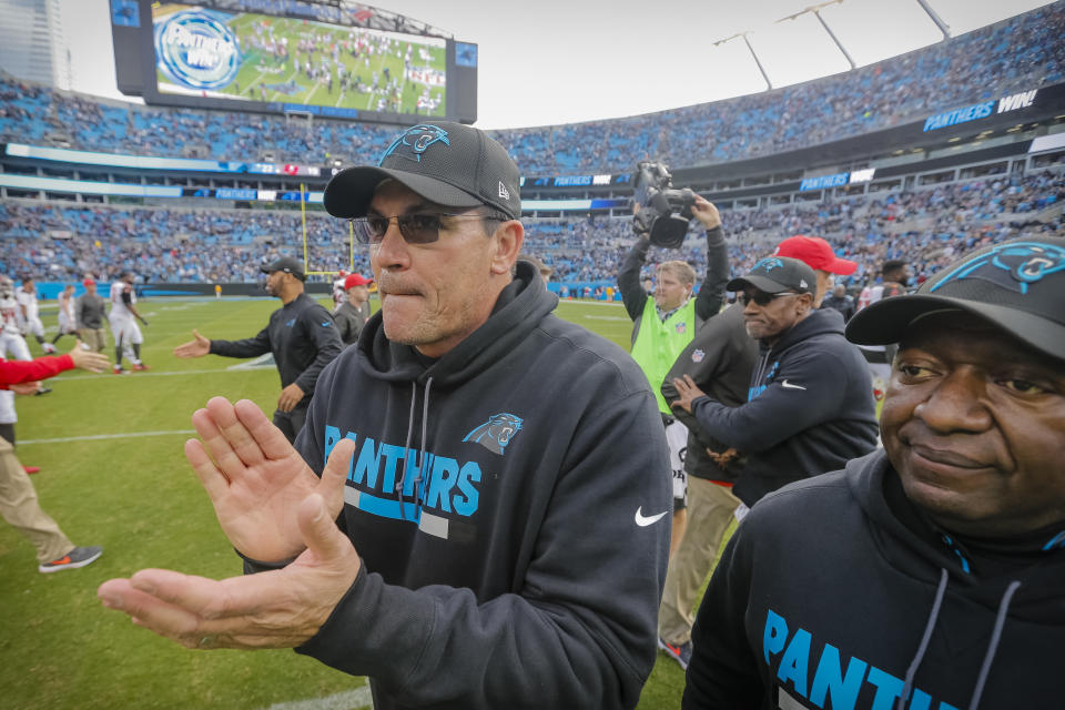 Carolina Panthers head coach Ron Rivera is sticking by team owner Jerry Richardson. (AP)