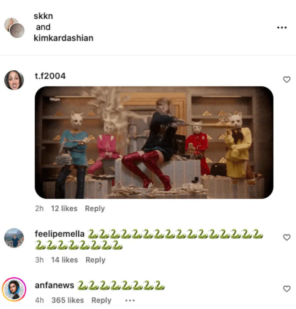 Taylor Swift Gifs and snake emojis were left my Swifties on Kim Kardashians Instagram posts. (Instagram/Kim Kardashin)