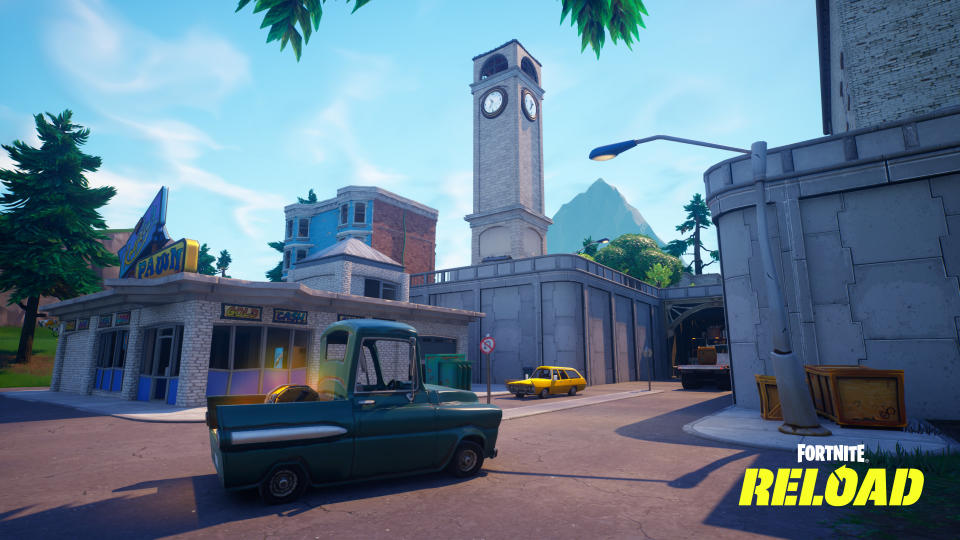 A screenshot of Tilted Towers in the new Fortnite Reload map