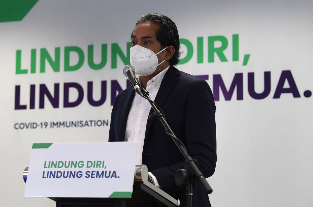 Khairy Jamaluddin speaks at a media conference on the National Covid-19 Immunisation Programme developments in Putrajaya, June 14, 2021. — Bernama pic