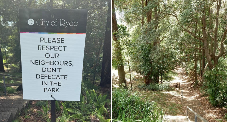Sign erected by City of Ryde council in Outlook Park, Eastwood warning visitors not to defecate in the park. 