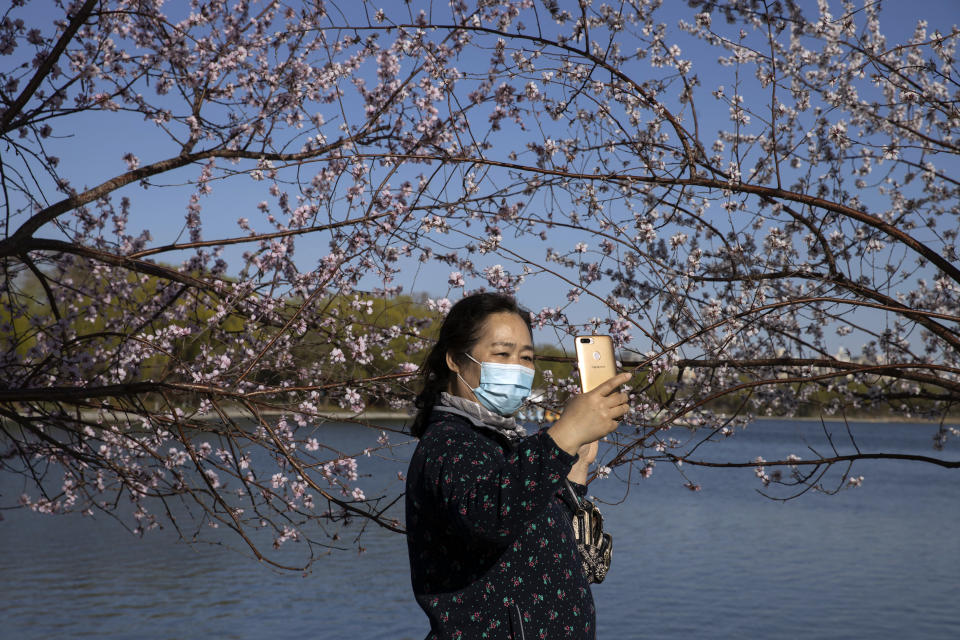 A woman wearing a mask takes a selfie with a blooming tree at a park during a sunny day in Beijing on Thursday, March 19, 2020. China has only just begun loosening draconian travel restrictions within the country, but has stepped-up 14-day quarantine regulations on those arriving in Beijing, Shanghai and elsewhere from overseas, amid expectations of a new influx of students and others returning home. (AP Photo/Ng Han Guan)