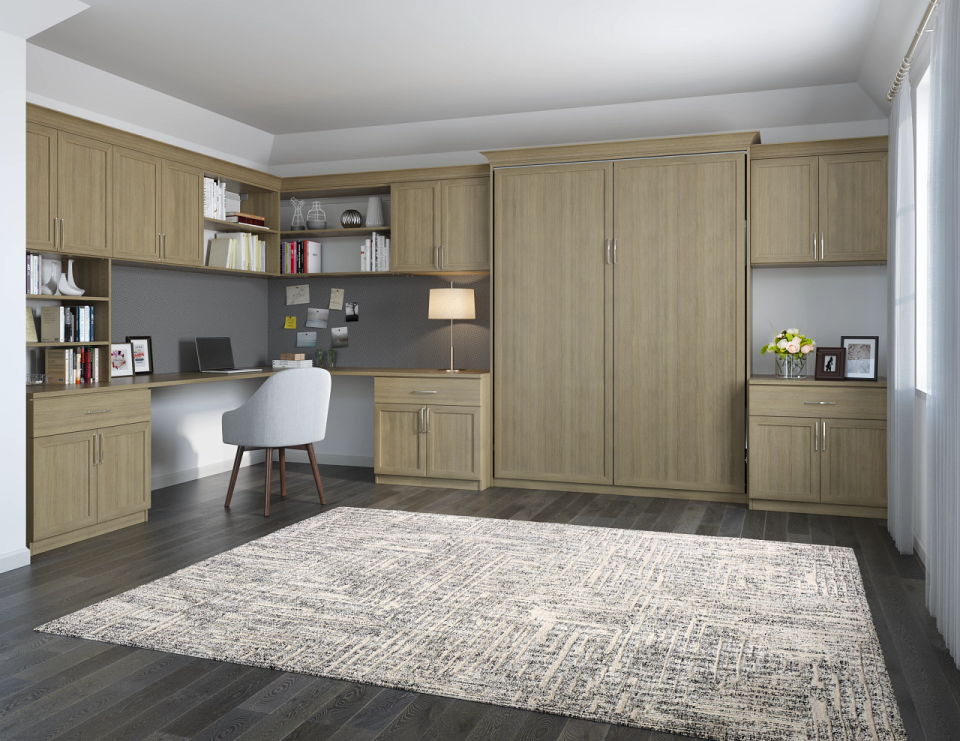 These digital images show how a murphy bed can help turn an extra room into an office and spare bedroom because the bed can store away when not needed.