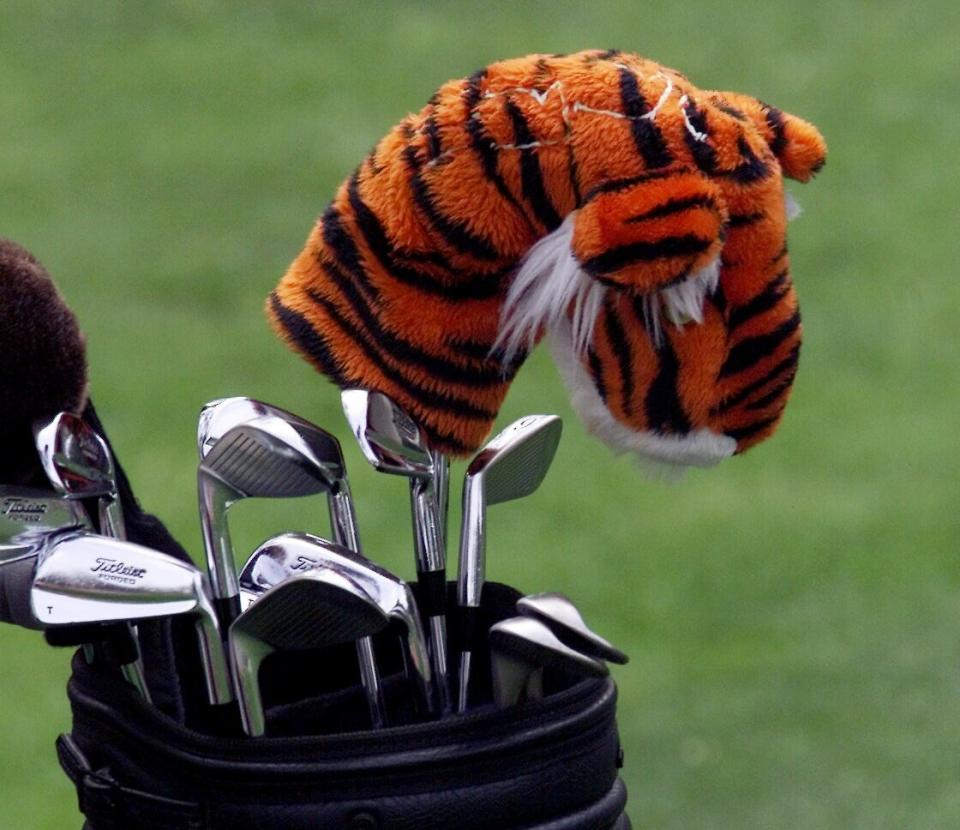 Tiger Woods' clubs with a tiger club cover photographed during round 2 of the 2001 Masters Tournament at the Augusta National Golf Club. Mandatory Credit: Eileen Blass/USA TODAY