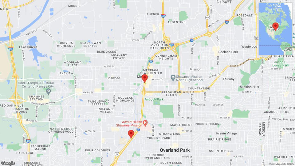 A detailed map that shows the affected road due to 'Heavy rain prompts traffic advisory on westbound I-35 in Merriam' on May 2nd at 4:14 p.m.