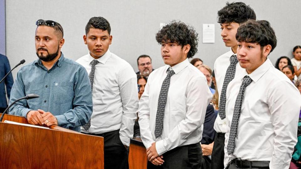 Members of the Mendota Junior High School Mathematics, Engineering, Science Achievement team (MESA) appear with their teacher and advisor, Carlos Tamayo, at the Fresno County Board of Supervisor’s meeting on Tuesday, Aug. 8, 2023 to accept a proclamation acknowledging the team for placing first overall in the 2023 MESA USA National Engineering Design Competition in New Mexico in June. The team created an app called “FentaKNOW,” which connects their community with resources to combat the fentanyl crisis. From left is teacher Carlos Tamayo with students Anthony Trinidad, Gerardo Portillo, Jonathan Alfaro and Jimmy Fuentes.